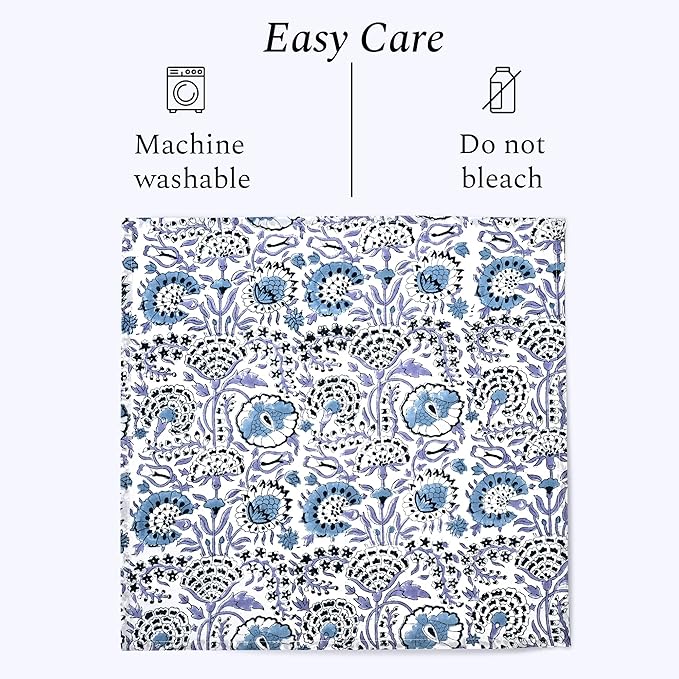 CPC Cloth Napkins 100% Cotton Set of 4 Reusable Napkins, Indian Block Print Toile Floral Dinner Napkin, Fall Thanksgiving Christmas Holiday Party Gift - Soft Absorbent Napkin, 18"x18" Indigo Blue