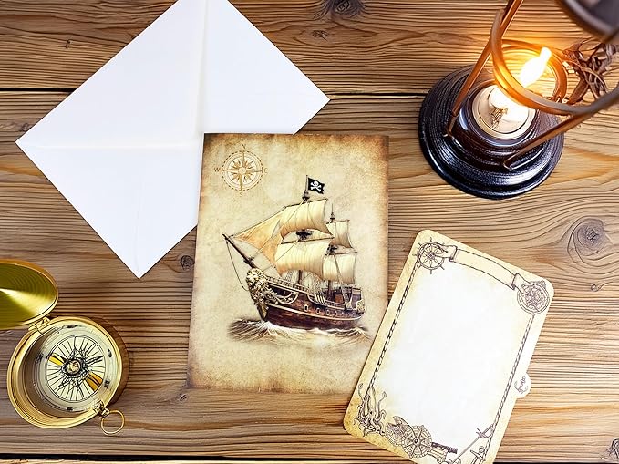 3D Pop Up Greeting Card β Handmade Pirate Ship Card with Treasure Map β Sailing Boat with Skull Flag β Birthday, Adventure Party, Nautical & Retirement Gift