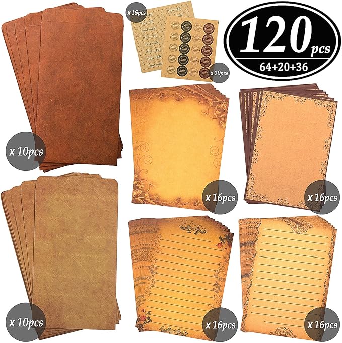 Vintage Stationary Paper + Kraft Envelopes Set with Seal Stickers, 64pcs 4 Patterns 8.3 x 5.7 Writing Stationery Papers + 20pcs 2 Colors 7.9 x 4.7 Letter Envelope + 36pcs 2 Styles Rustic Seals