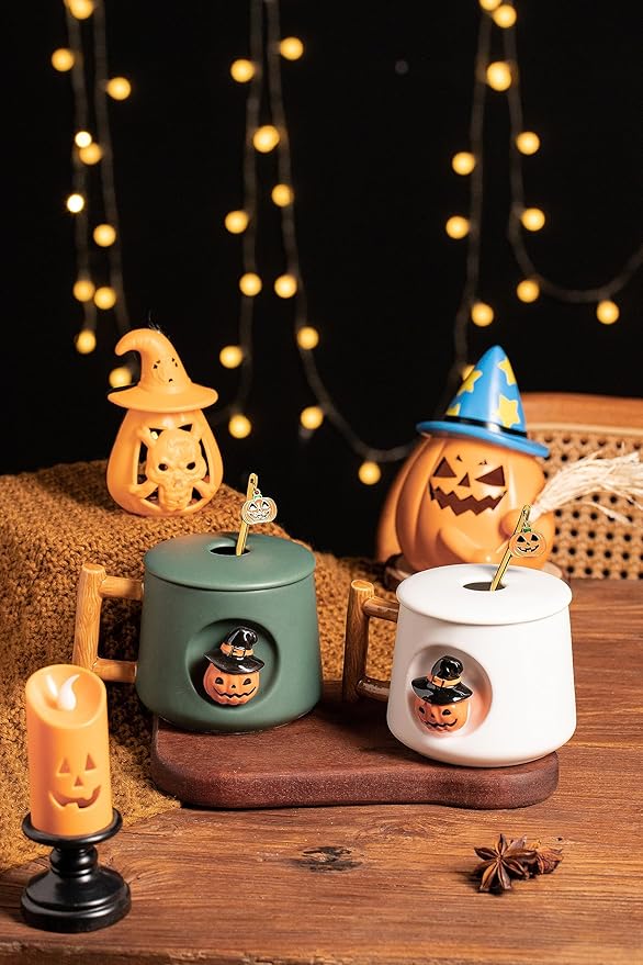 DIHOclub Adorable 3D Ceramic Pumpkin Head Mug with Lid and Spoon - Perfect for Coffee, Tea, Milk, and More - Ideal Gift for Halloween - 14 Ounces (HalloweenG)