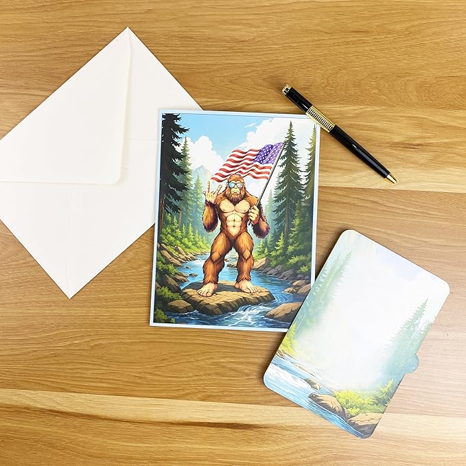 3D Pop Up Greeting Card – Funny Bigfoot Sasquatch Card with American Flag – Hilarious Birthday, Father’s Day, Retirement, or Gag Gift – Unique Handmade Novelty Card with Envelope