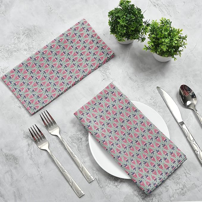 CPC Cloth Napkins 100% Cotton Set of 4 Reusable Napkins, Indian Block Print Toile Floral Dinner Napkin, Fall Thanksgiving Christmas Holiday Party Gift - Soft Absorbent Napkin, 18"x18" Grey Teal
