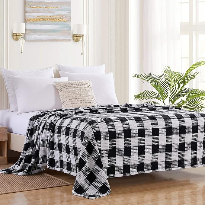 100% Fine Cotton Blanket Luxurious Weave Stylish Design Soft and Comfortable All Season Warmth, Full/Queen, Buffalo Plaid Black White (Pack of 6)