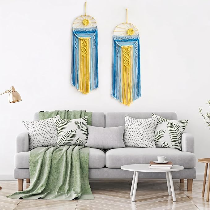 2 Pack Blue Sun Wall Decor Macrame Hanging Tapestry Sunshine Sunset Wall Art Set, Rustic Woven Tapestries Boho Dream Catcher Colorful Decor for Bedroom Living Room Nursery (Blue 2Pcs)