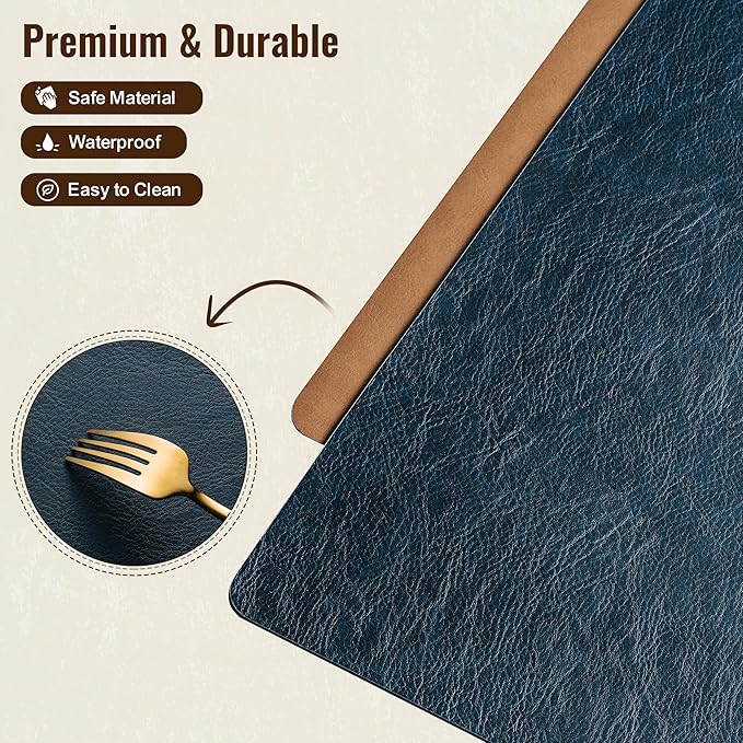 DOLOPL Placemats Set of 8 Reversible Dual-Color Table Placemats– Heat Resistant Wipeable & Washable Place Mats, Luxury Faux Leather Table Mats for Vintage Dining Table Decor (Camel & Navy Blue)