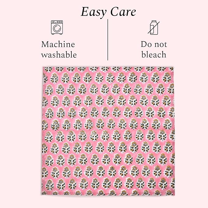 CPC Cloth Napkins 100% Cotton Set of 4 Reusable Napkins, Indian Block Print Toile Floral Dinner Napkin, Fall Thanksgiving Christmas Holiday Party Gift - Soft Absorbent Napkin, 18"x18" Poppy Pink