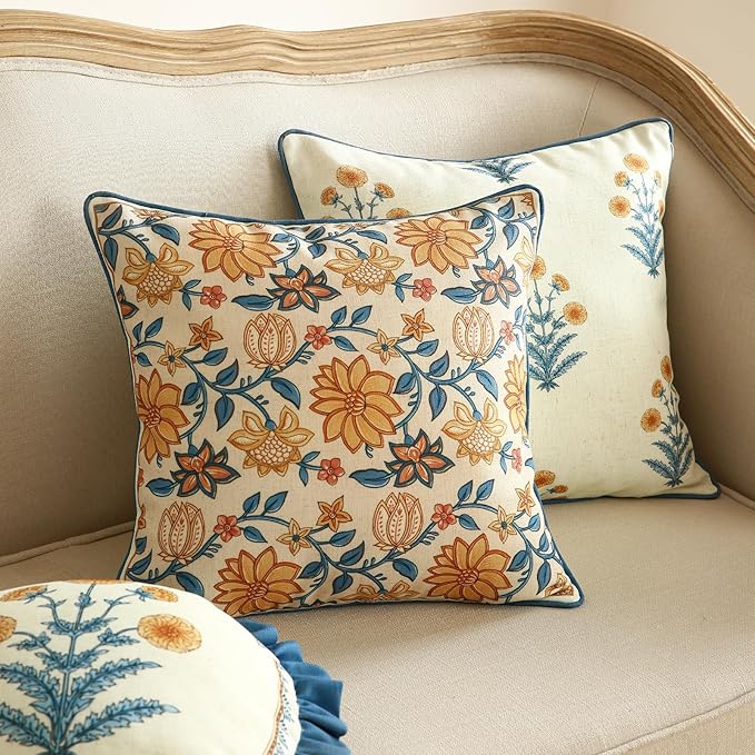 ISAENNE Design Simple Elegant Linen Throw Pillow Covers Set of 4, Blue Yellow Floral Pattern Cushion Covers Decor Lumbar Round Square Pillowcases for Bed,Living Room,Outdoor,Car