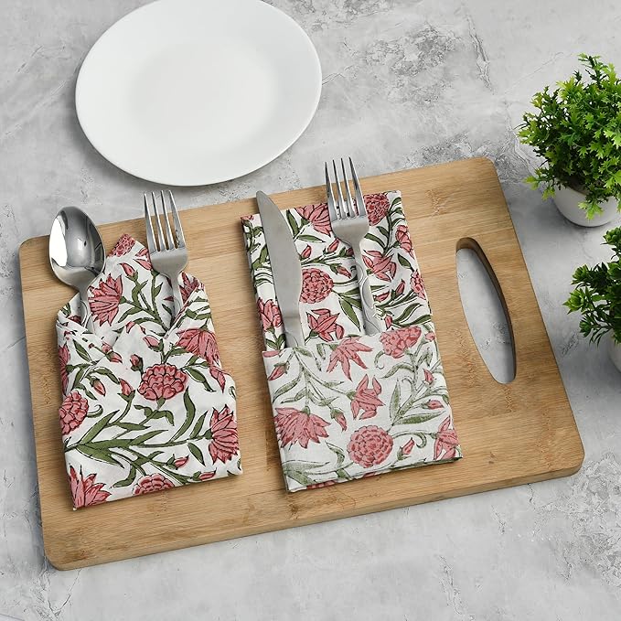 CPC Cloth Napkins 100% Cotton Set of 4 Reusable Napkins, Indian Block Print Toile Floral Dinner Napkin, Fall Thanksgiving Christmas Holiday Party Gift - Soft Absorbent Napkin, 18"x18" Red Garnet