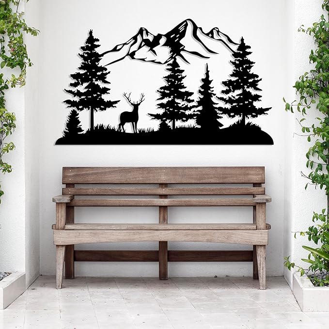 DecoSoul Mountain and Forest with Deer Metal Wall Decor, Hill and Trees Large Metal Wall Art, Nature and Forest Decor, Outdoor Lovers Gift, Home Decoration, Housewarming Gift for Living Room
