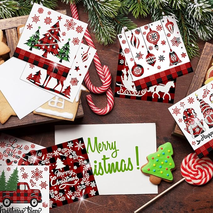 Saillong 12 Pack Christmas Diamond Painting Greeting Card Kits DIY Red Plaid Christmas Diamond Art Cards with Envelopes Xmas 5D Rhinestones Painting for Adults DIY Craft Family Friend Xmas Gifts