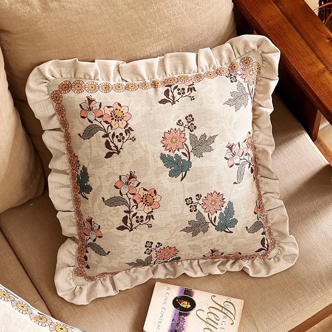 ISAENNE Design Square Linen Vintage Throw Pillow Covers 18"x18" Set of 4, Gray Green Farmhouse Cushion Covers with Silver Lotus Floral Pattern Decor Pillowcases for Bed,Living Room,Outdoor,Car