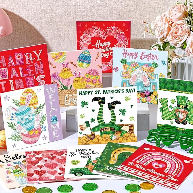 Saillong 12 Pack Valentines Diamond Painting Greeting Card Kits DIY Diamond Art Cards St Patricks Day Easter 5d Diamond Painting Cards with Envelopes for Adults DIY Crafts Family Friend Holiday Gifts