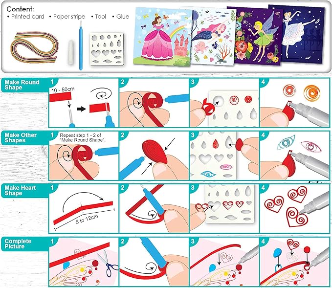 C.S. Kids DIY Quilling Arts & Crafts Gifts Fairy Tales | 3D Paper Quilling Design Kits for Kids, Make Your Own Paper Art (Strips & Tools Included)