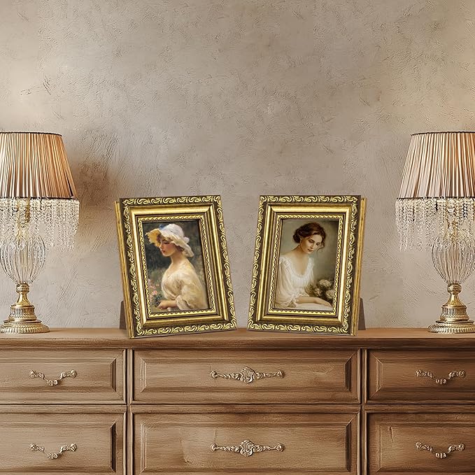 eletecpro 3x4 Picture Frames Set of 4, Ornate Vintage Photo Frames with Glass, Rustic Gold Frame Displays 3x4 Photo for Tabletop, Gold