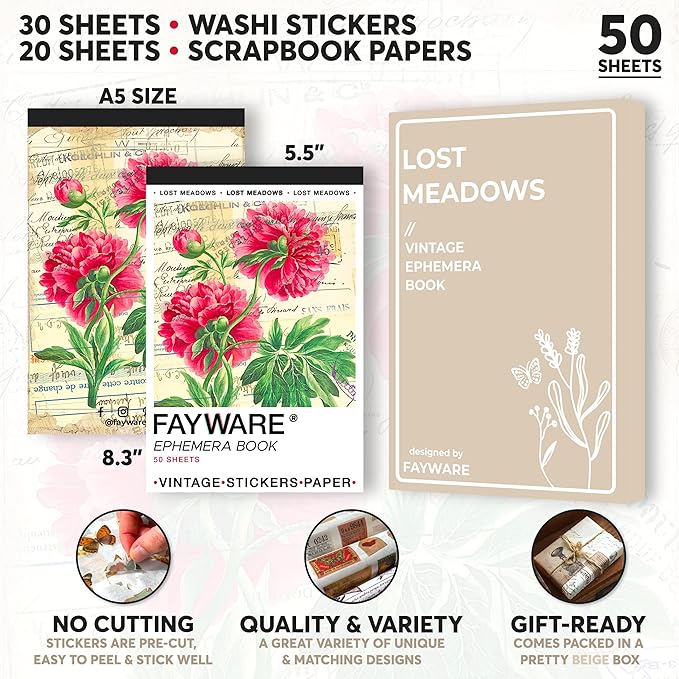 Vintage Washi Stickers for Journaling - Ephemera Book for Journaling with 414 Stickers & 20 Scrapbook Papers. Junk Journal Supplies, Scrapbooking Supplies