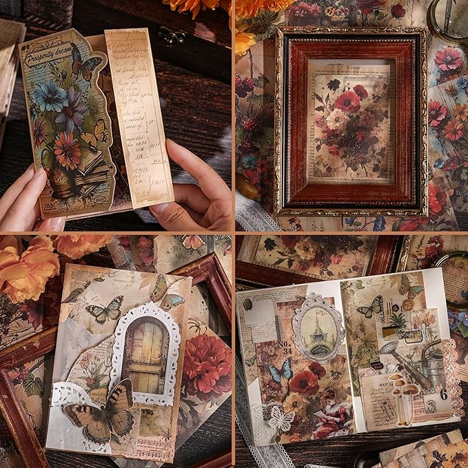 Vintage Old Looking Garden Flower Scrapbook Paper - 180 Sheets Cottagecore Floral Botanical Journaling Scrapbook Supplies Craft Paper Ephemera for Letter Writing,Poster,Planners
