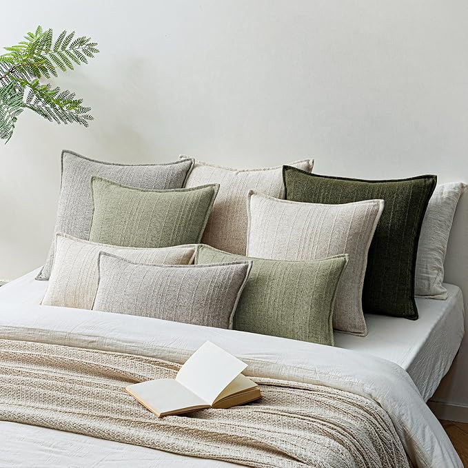 a moment Linen Pillow Covers Set of 2,Boho Farmhouse Throw Pillowcases Neutral Textured Decorative Covers for Couch Sofa,Soft Linen Blend Accent Case Cushion Home Decor 18"x18"Seeding Green