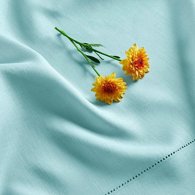 Solino Home Linen Aqua Blue Table Runner 108 Inches Long - 100% Pure Linen Hemstitch 14 x 108 Inch Table Runner for Dining, Spring, Easter, Winter - Classic Hemstitch