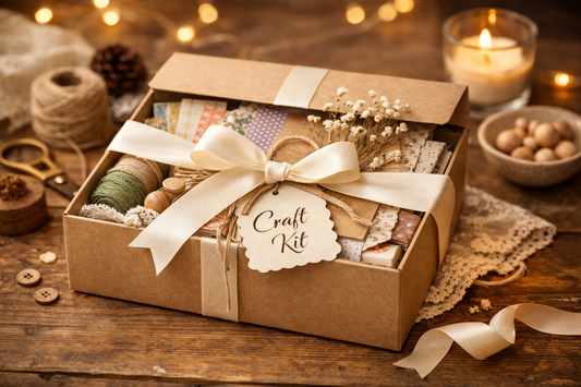 DIY craft kit gift set on a wooden table with decorative ribbon, creative and meaningful gift idea.