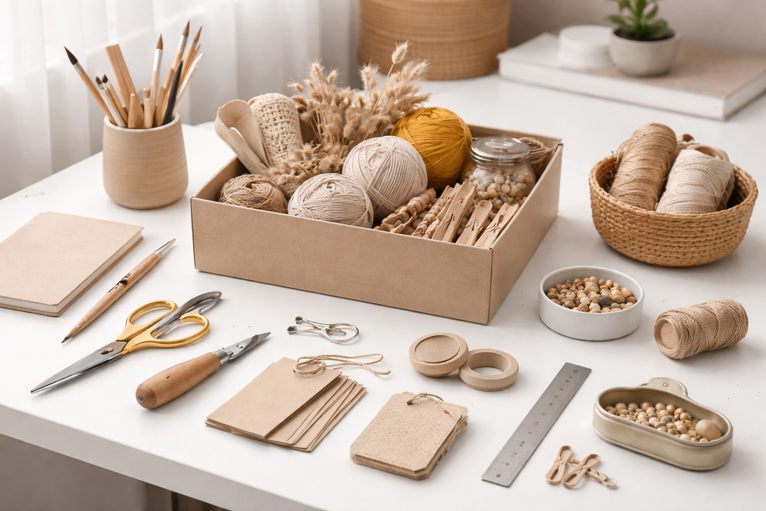 Minimal DIY craft kit setup on a clean white desk with organized materials and tools.