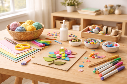 Beginner DIY craft projects arranged on a cozy wooden table with natural sunlight, relaxing weekend hobby concept.