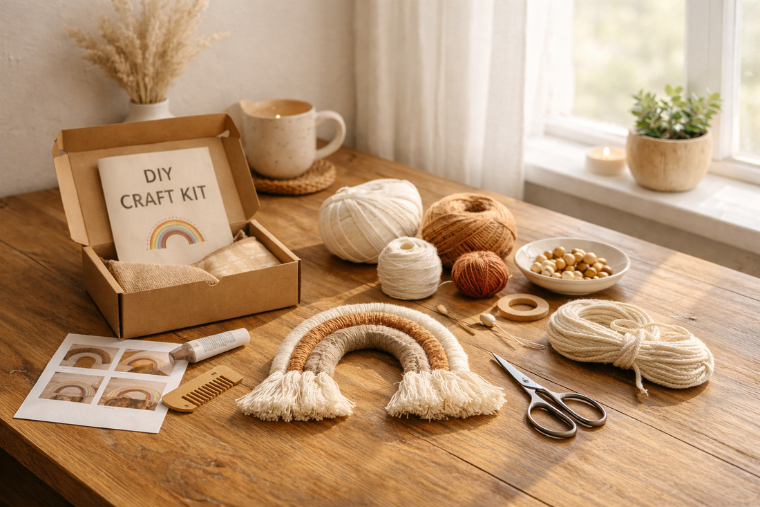 Beginner DIY hobby workspace with craft kit and materials on a wooden table in a cozy home environment.