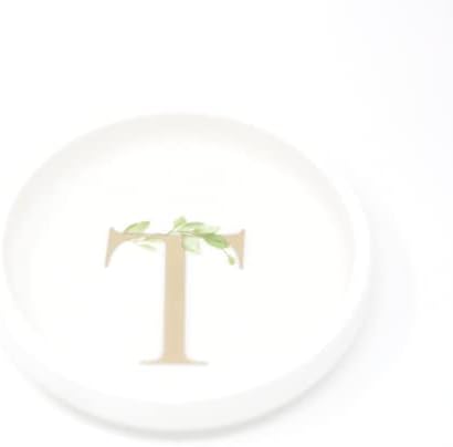 Cedar and Ink Ring Dish with Personalized T in Gold Foil & Greenery, Monogrammed Jewelry Dish, Accessories & Wedding Ring Holder, Dressing Table Tray by CedarandInk