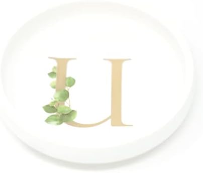 Trinket Tray Ring Dish with Personalized U in Gold Foil and Greenery - White Ring Dish- Monogrammed Trinket Dish or Jewelry Bowl - Cedar & Ink (U) by CedarandInk