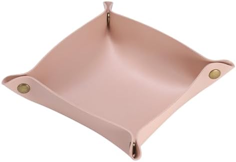 HARFINGTON PU Leather Valet Tray Unisex Folding Small Catchall Tray Portable Entryway Table Tray Nightstand Bedside Desk Tray for Key Wallet Watch Coin Jewelry Dice, Pink - Image 3
