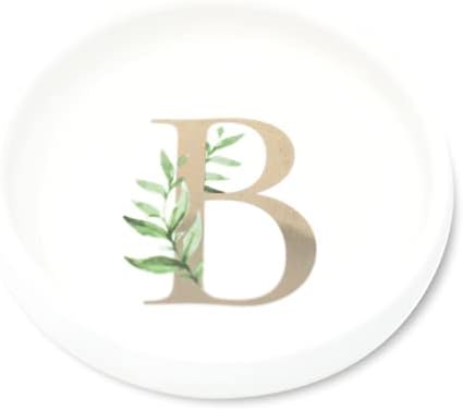 Trinket Tray Ring Dish with Personalized B in Gold Foil and Greenery - White Ring Dish - Monogrammed Trinket Dish or Jewelry Bowl - Cedar & Ink (B) by CedarandInk
