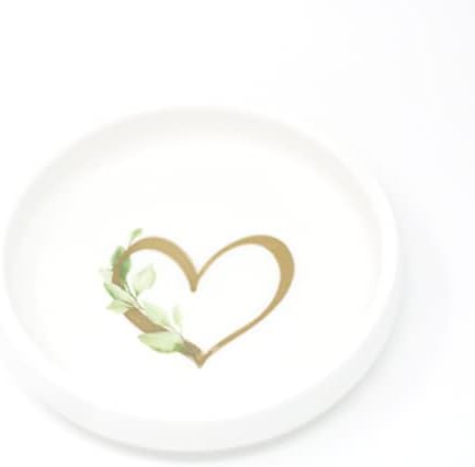 Heart Dish in Gold Foil with Greenery - White Ceramic Tray- Jewelry Trinket Ring Candy Nesting Circle Round Bowl - Favor Decorative Decor - Mom Bridesmaid Friend - Cedar & Ink (1 Heart) by CedarandInk