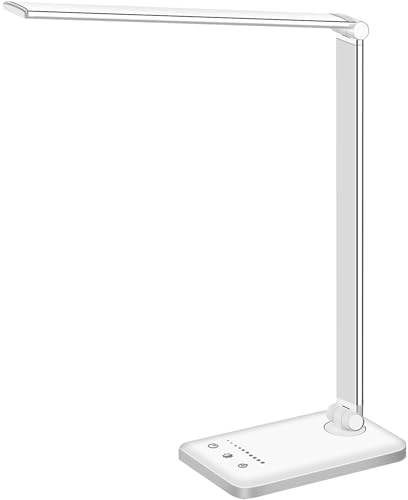White crown LED Desk Lamp Dimmable Table Lamp Reading Lamp with USB Charging Port, 5 Lighting Modes, Sensitive Control, 30/60 Minutes Timer (White, First-Generation) by WhiteCrown