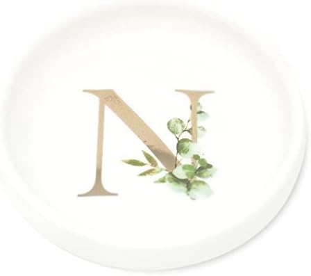 Cedar and Ink Ring Dish with Personalized N in Gold Foil & Greenery, Monogrammed Jewelry Dish, Accessories & Wedding Ring Holder, Dressing Table Tray by CedarandInk