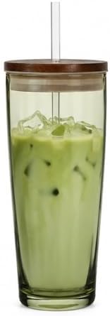 NIRA.Z Glass Tumbler with Lid and Straw 20oz, Ribbed Aesthetic Glass Cup for Iced Coffee, Green Drinking Tumbler with Wooden Lid, Reusable Straw Cup by NIRAZ