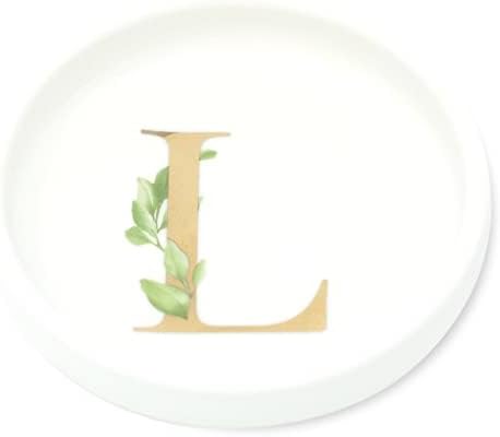 Trinket Tray Jewelry Dish with Monogrammed L in Gold Ring Holder - White Trinket Dish - Personalized Ring Dish or Jewelry Tray - Cedar & Ink (L) by CedarandInk