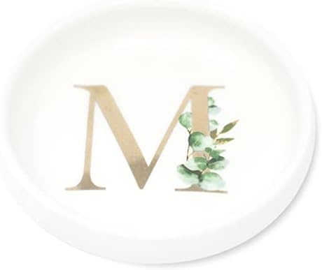 Trinket Tray Jewelry Dish with Monogrammed M in Gold Ring Holder - White Trinket Dish - Personalized Ring Dish or Jewelry Tray - Cedar & Ink (M) by CedarandInk