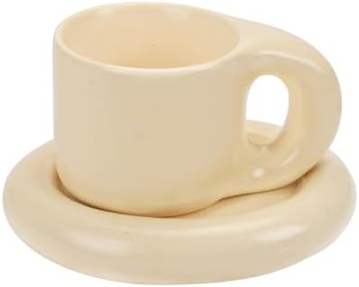 Koythin 10oz Chubby Handle Ceramic Mug Set With Saucer, Milky Apricot by Koythin