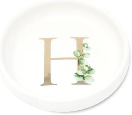 Trinket Tray Jewelry Dish with Monogrammed H in Gold Ring Holder - White Trinket Dish - Personalized Ring Dish or Jewelry Tray - Cedar & Ink (H) by CedarandInk