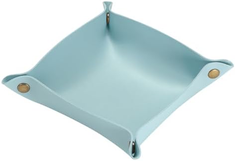 HARFINGTON PU Leather Valet Tray Unisex Folding Small Catchall Tray Portable Entryway Table Tray Nightstand Bedside Desk Tray for Key Wallet Watch Coin Jewelry Dice, Light Blue - Image 3