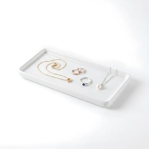 White Ceramic Vanity Tray (6.3" x 2.9") - Rectangular Trinket Dish for Jewelry, Keys & Soap, Multi-Scene Organizer for Bathroom, Kitchen, Entryway & Dresser, Modern Home Decor by ABMax