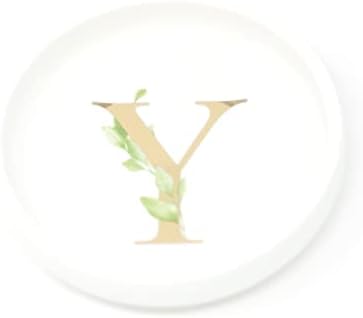 Trinket Tray Ring Dish with Personalized Y in Gold Foil and Greenery - White Ring Dish - Monogrammed Trinket Dish or Jewelry Bowl - Cedar & Ink (Y) by CedarandInk