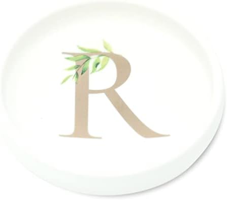 Cedar and Ink Ring Dish with Personalized R in Gold Foil & Greenery, Monogrammed Jewelry Dish, Accessories & Wedding Ring Holder, Dressing Table Tray (R) by CedarandInk