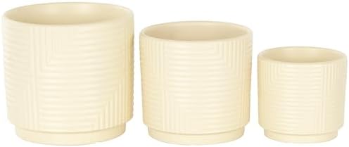 deco 79 Ceramic Geometric Indoor Outdoor Planter Small Planter Pot with Layered Square Shaped Grooves, Set of 3 Planters 7", 6", 5" W, Cream - Image 4