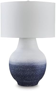 Signature Design by Ashley Dashland Coastal Table Lamp, 31 Inch Tall Statement Height, Textured Metal Base with Fabric Drum Shade, Large Living Room Lighting, White and Navy Blue Ombre by Unknown