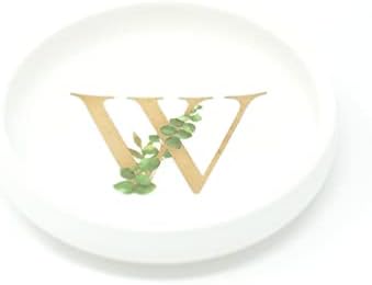 Cedar and Ink Ring Dish with Personalized W in Gold Foil & Greenery, Monogrammed Jewelry Dish, Accessories & Wedding Ring Holder, Dressing Table Tray (W) by CedarandInk