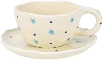 Koythin 8.5oz Handmade Ceramic Mug With Saucer, Dot Blue Flower Latte Cup by Koythin