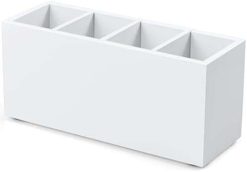 Bivvclaz Pencil Pen Holder for Desk, Wooden Office Desk Organizers and Accessories with 4 Slots for Countertop, Makeup Brush Holder Organizer for Bathroom Vanity, Silverware Caddy for Party, White by Bivvclaz