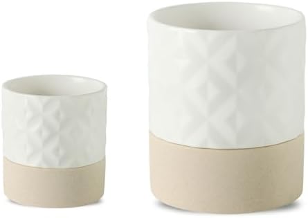 Nihow Self Watering Plant Pot for Indoor Plants: 4.5+6 Inch Ceramic Planter with Drainage Hole & Water Storage Plus - Cylinder Flower Pot with Wick for Herbs - Matte White & Brown Star by Nihow