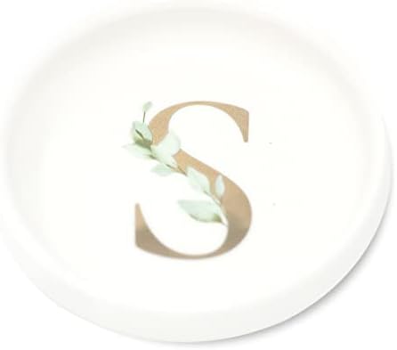 Trinket Tray Ring Dish with Personalized S in Gold Foil and Greenery - White Ring Dish - Monogrammed Trinket Dish or Jewelry Bowl - Cedar & Ink (S) by CedarandInk