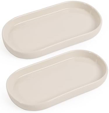 INGOFIN 7" Ceramic Bathroom Vanity Tray Set- 2 Pcs Bathroom Organizer Countertop Tray for Perfume, Jewelry, Small Kitchen Counter Soap Tray, Decorative for Bathroom Vanity and Toilet Tank, Beige by INGOFIN